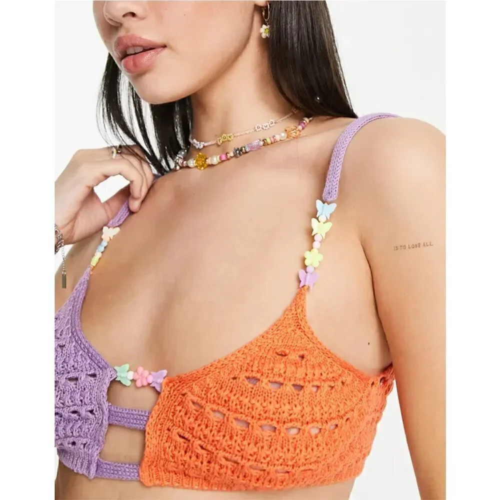 ASOS Colorblock Beaded Crochet Bralette Size 6 NWT - Picture 3 of 7